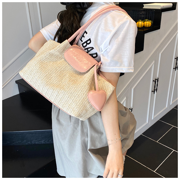 French niche straw woven large-capacity tote bag for women 2025 summer casual vacation beach woven single-shoulder bag trend undefined
