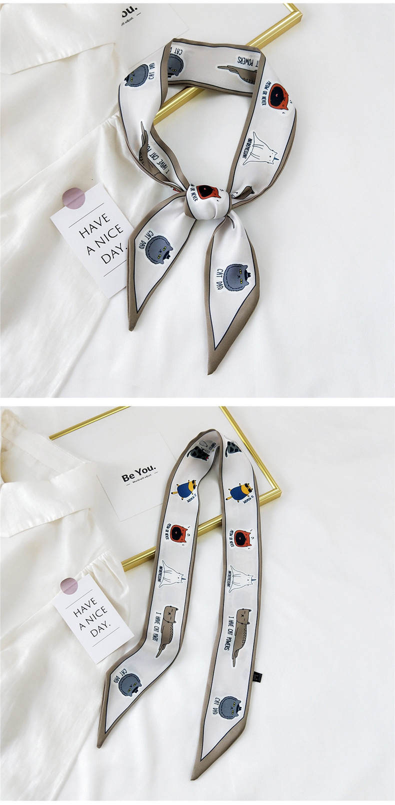 30g Weight Silk Scarf Classification Travel Occasion Unisex Gender Sweet Style Khaki, Grey, Pink, Purple, Red, Green, Blue, Black Color Fashion Streamer Printing Bow Silk Scarf Wholesale 16