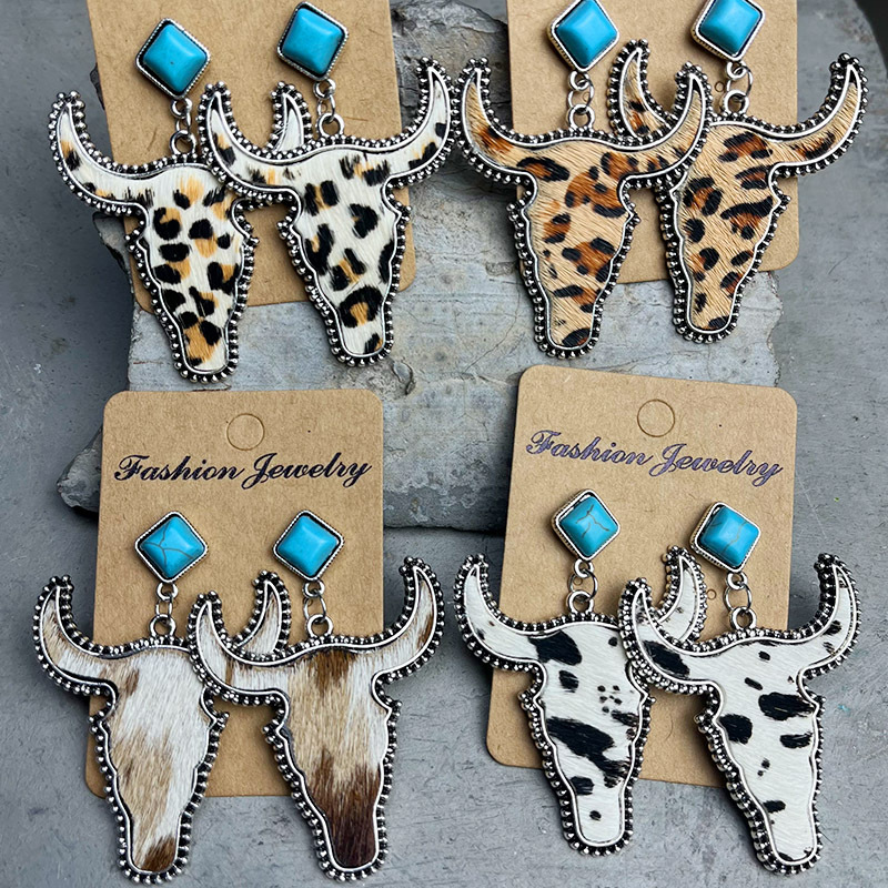 1 Pair Ethnic Style Bull Head Alloy Leather Inlay Turquoise Womenu0027S Drop Earrings