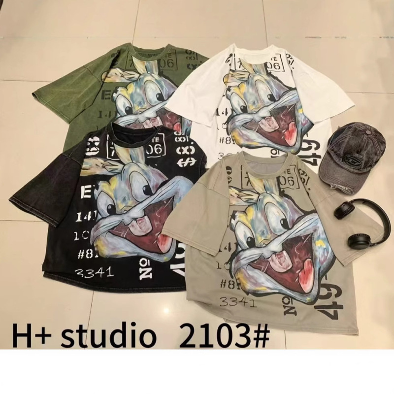 European T-shirt women's 2025 summer new heavy-duty cartoon rabbit number of letters sequins lower body play missing coat tide