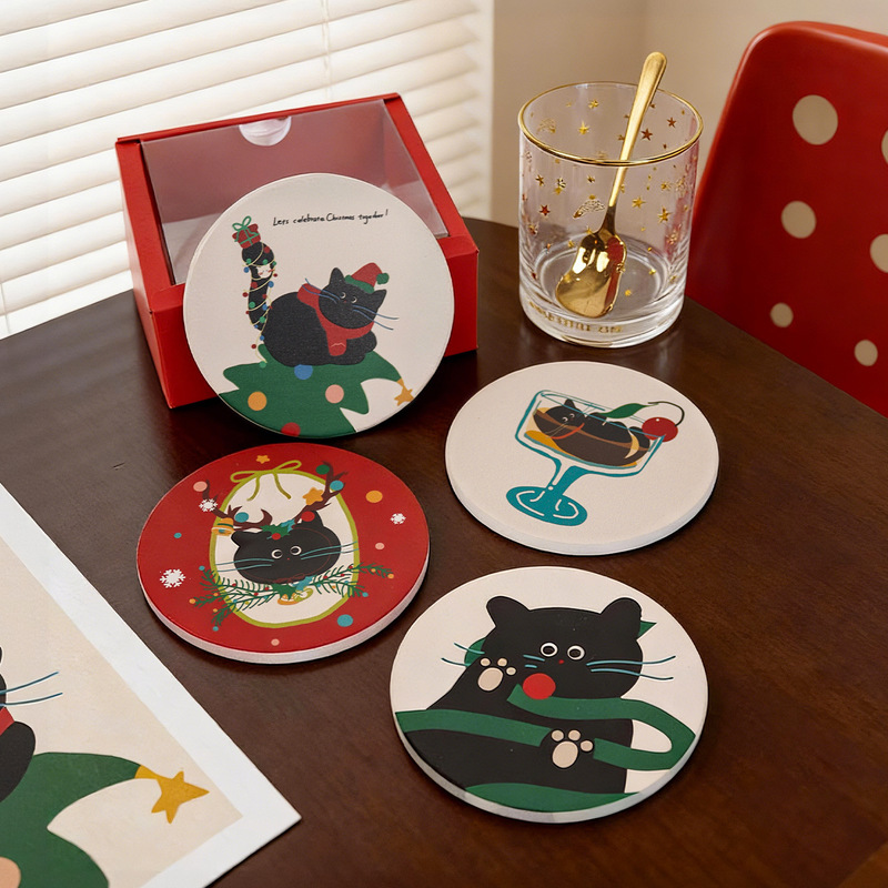 Christmas Cat-Themed Ceramic Coasters with Custom Photo DIY Gift Accessories, Anime Water-Absorbent Non-Slip Cork Stickers Christmas Cat-Themed Ceramic Coasters with Custom Photo DIY Gift Accessories, Anime Water-Absorbent Non-Slip Cork Stickers