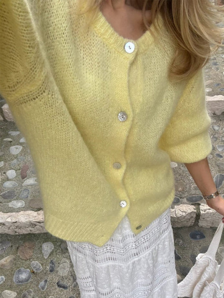 Áo cardigan len dệt kim dáng mỏng nhẹ cài nút một hàng, tay dài cổ tròn nữ — hoa hồng đỏ, màu be, màu cam, màu hoa cà chi tiết 11