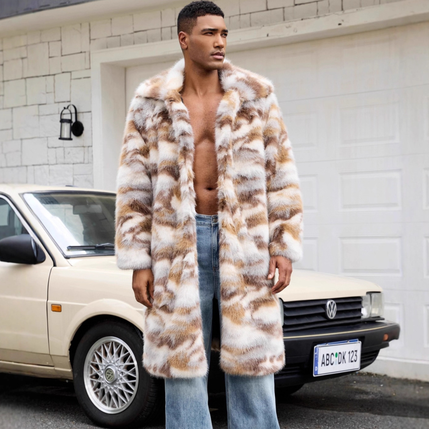 Cross-Border European and American Autumn and Winter Men's Imitation Fur Long Coat Contrasting Color Warm Plush Imitation Mink Coat Jacket