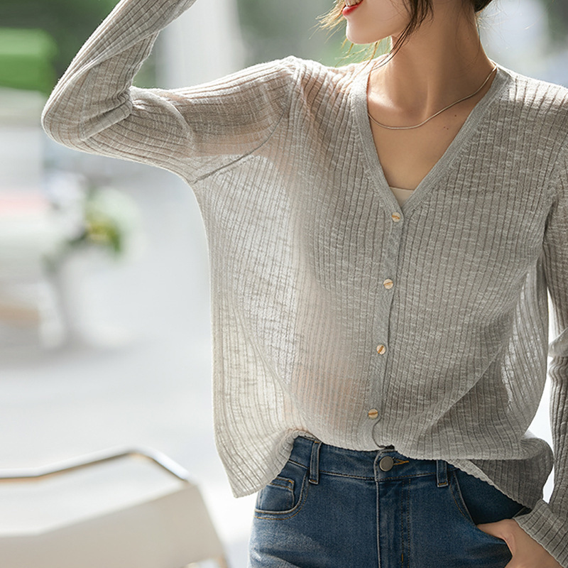 Summer All-match Cool-feeling Hollow Transparent Knitted Cardigan V-neck Ice Silk Lightweight Sunshade Knitted Air-conditioning Shirt Jacket for Women