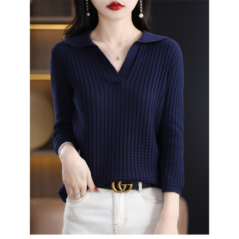 Pure Cotton Polo Collar Three-Quarter Sleeve Knitted Bottoming Shirt Top Autumn and Winter New Pure Color Waffle Cotton Inner Wear for Women