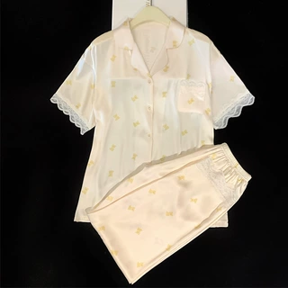 法式可爱小熊冰丝睡衣女夏季甜美蕾丝花边短袖长裤家居服实拍批发