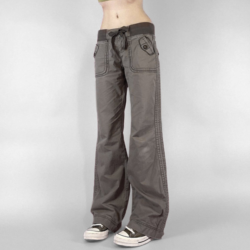 Euro-American style, trendy women's streetwear skinny-fit, figure-flattering workwear long pants—straight-leg, wide-leg, low-rise casual denim with stylish tie details.