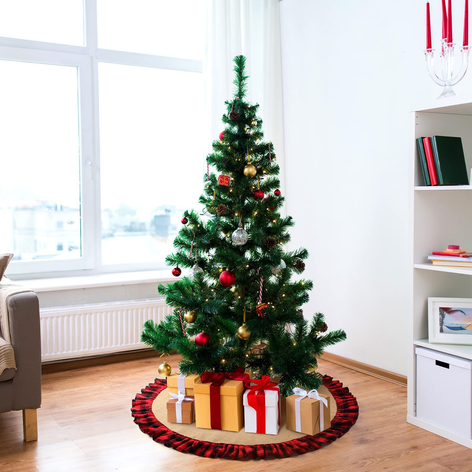 Cruzar la frontera nueva decoración del árbol de Navidad plisado negro y rojo Lino a cuadros árbol de Navidad falda de árbol de encaje