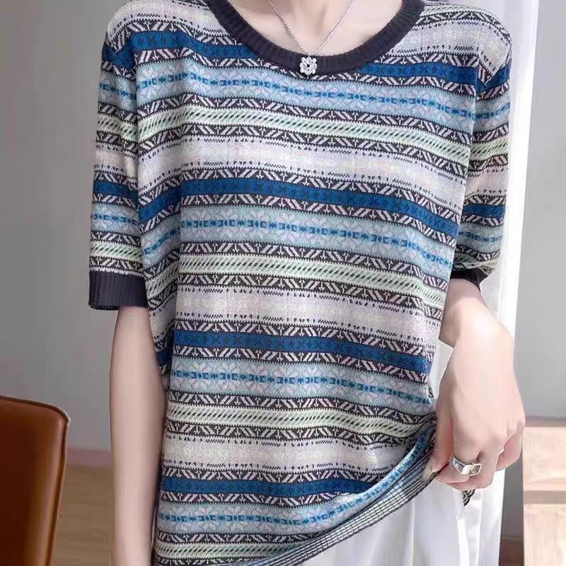 Design retro knitted summer thin short sleeve T-shirt with a round…