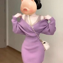 纯欲风辣妹套装女2025秋冬新款露肩针织连衣裙内搭蕾丝背心两件套