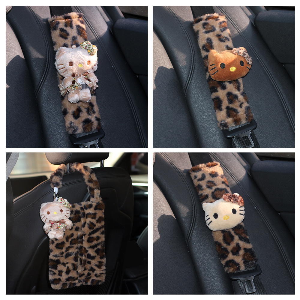 Maillard Leopard Print Hellokitty Plush Car Seat Belt Shoulder Cover Car Interior Decoration Good New Car Gift