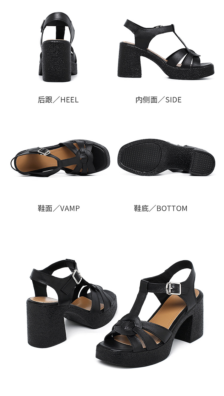 Sandal cao gót nữ quai ngang da thật phong cách La Mã đế dày gót thô — Màu đen chi tiết 41
