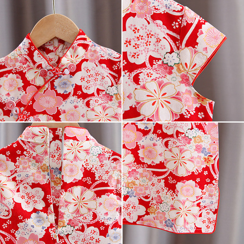 Qiangwei Girls 23 Summer Short Sleeve Cheongsam Dress Baby Chinese Style Performance Guzheng Dress Children's Skirt