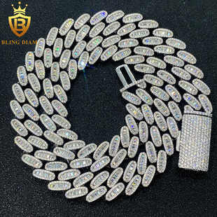 New 16mmS925 Silver Set Long Square Moissanite Cuban Chain Necklace Bracelet Wholesale AliExpress Europe and America Hot Sale