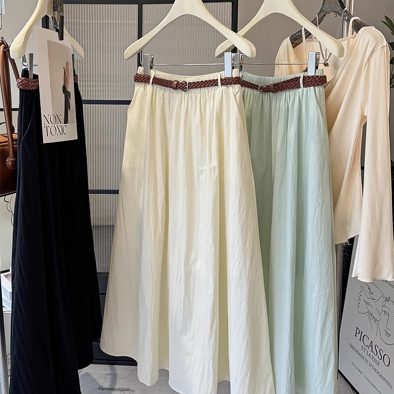 Vintage Solid Color High-Waisted Pleated A-Line Skirt, Artistic Japanese-Style Long Skirt, 2025 Spring Flared Skirt with Belt Vintage Solid Color High-Waisted Pleated A-Line Skirt, Artistic Japanese-Style Long Skirt, 2025 Spring Flared Skirt with Belt