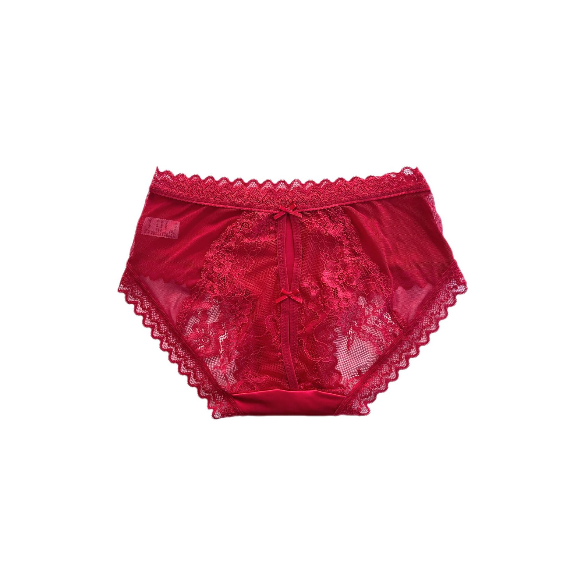 Red Luck Honey Attraction ~ Pantalones de encaje de satén puro francés, pantalones de entrepierna de algodón rojo sexy.