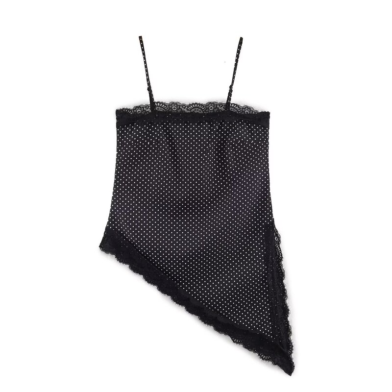 Pb&Za Women's Clothing 2025 Winter New Straight-Neck Spaghetti Strap Lace-Trimmed Polka Dot Asymmetrical Hem Top Pb&Za Women's Clothing 2025 Winter New Straight-Neck Spaghetti Strap Lace-Trimmed Polka Dot Asymmetrical Hem Top