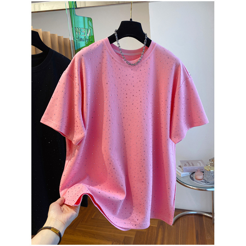 【太った妹】国潮牌黒純綿半袖tシャツ女性デザイン感キラキラカジュアル丸襟上着|undefined
