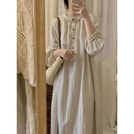 早春森系温柔风重工褶皱长裙日系复古宽松遮肉棉麻连衣裙