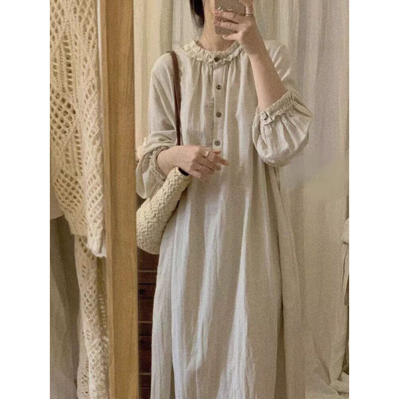 Early Spring Mori Style Gentle Style Heavy Industry Pleated Long Dress Japanese Style Retro Loose Pork Cotton Linen dress