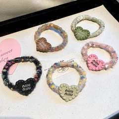 韓版新款MIU字母金屬愛心毛線發圈 甜美少女扎馬尾頭繩丸子頭髮繩