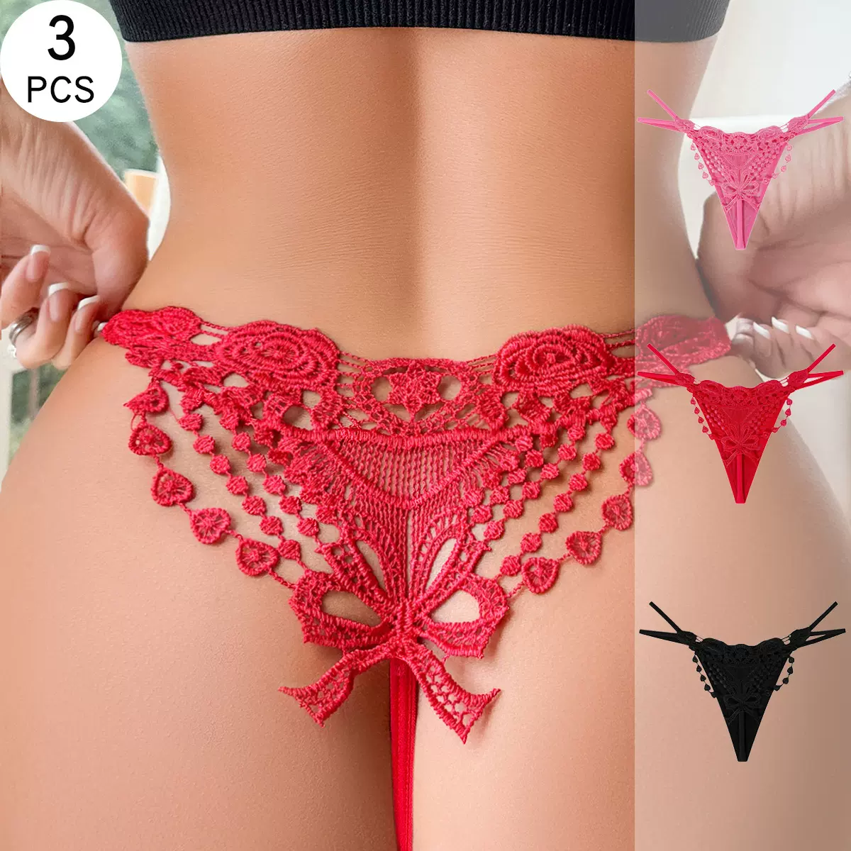 欧美跨境透明蕾丝性感女士丁字裤外贸专供镂空蝴蝶结低腰女士内裤