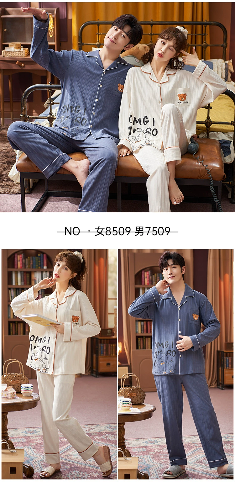 SLPBELY Cotton Couple Pajamas Set Homesuit Autumn Winter Cute Cartoon Lovely Lapel Long Sleeve Men And Women Nightwear Pyjamas cheap pajama sets