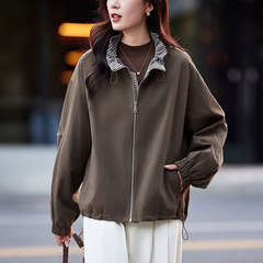 撞色立领短款外套女2025春秋新款韩版宽松休闲小个子工装夹克上衣