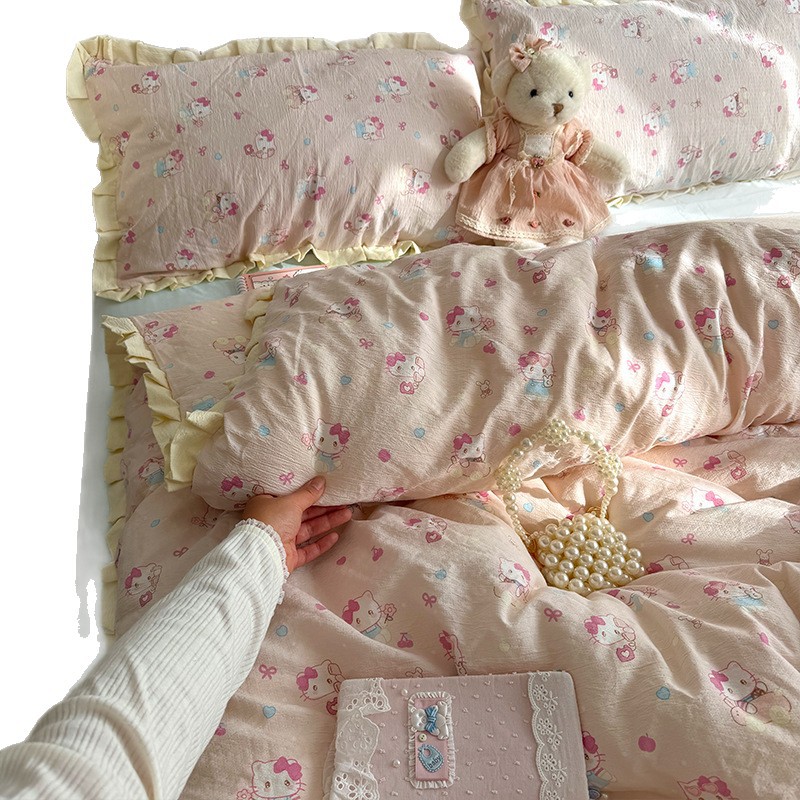 Madre y bebé clase A encaje de algodón puro cuatro piezas de cama puede dormir desnudo sábanas cubierta INS dormitorio de estudiantes tres piezas de conjunto