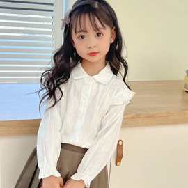 白衬衫纯棉花边长袖衬衣春秋款跨境外贸中小学生校服女童上衣六一
