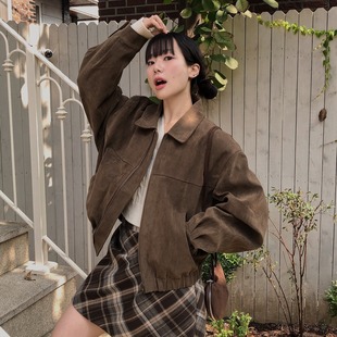 South Korea chic autumn French vintage zipper lapel elastic waist suede loose baseball uniform frock coat