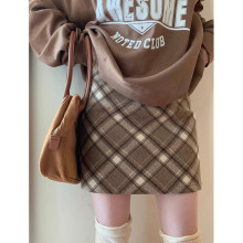毛呢格子半身裙女2025新款秋季高腰小个子复古显瘦a字包臀裙短裙