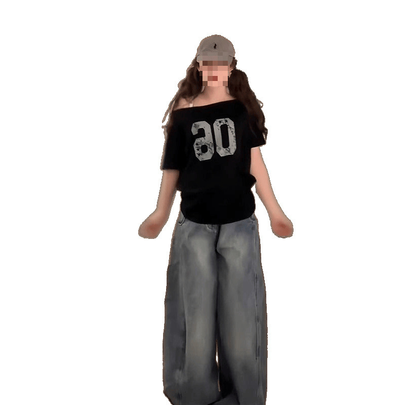 黒の斜め肩半袖レディース夏の新しいデジタルプリントオフショルダー Tシャツアメリカンホットガールルーズカジュアルトップトレンディ|undefined