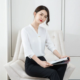 2024春秋季新款女士长袖白衬衫V领正装职业工作服长袖衬衣上衣寸