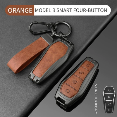 for Seagull, Dolphin, Han Ev, Song Plus, Car key bag - double-sided-leather-byd-model-b-gun-orange-round-buckle