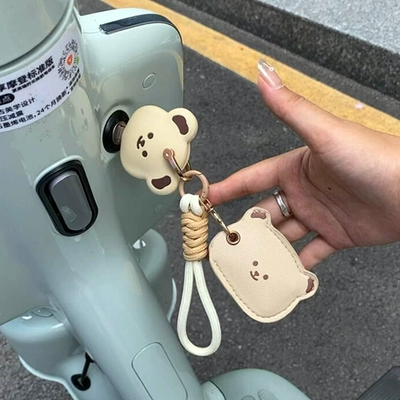 Suitable for Bear Electric Car Key Protective Cover Remote Control Nfc Elevator Access Card Battery Car Keychain Decoration (Electric vehicle key cover shell) - little-bear-set-a-key-cover-beige-lanyard-cute-bear-nfc-card-holder