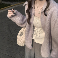 韩系小个子紫色毛衣外套女款春秋2025新款慵懒高级感针织开衫上衣