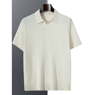 25 Early Spring New 100 Cashmere Half Sleeve Men's T-Shirt without Buckle Polo Collar Split Worsted Thin Knitted Short Sleeve