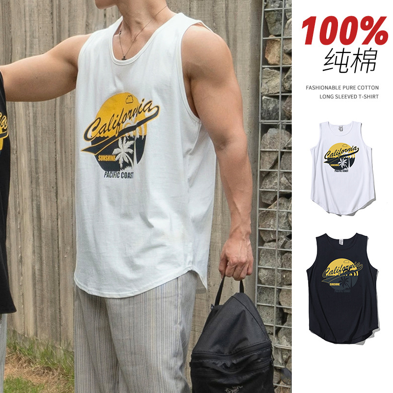 Rampo Heavyweight Pure Cotton Sleeveless T-Shirt for Men, Creative Travel, Vacation, Beach Trend, Coconut Tree Knitted Vest
