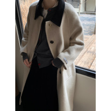 衣尔衫 暖冬 人字纹双面羊毛大衣女 单排扣直筒宽松大衣女中长款