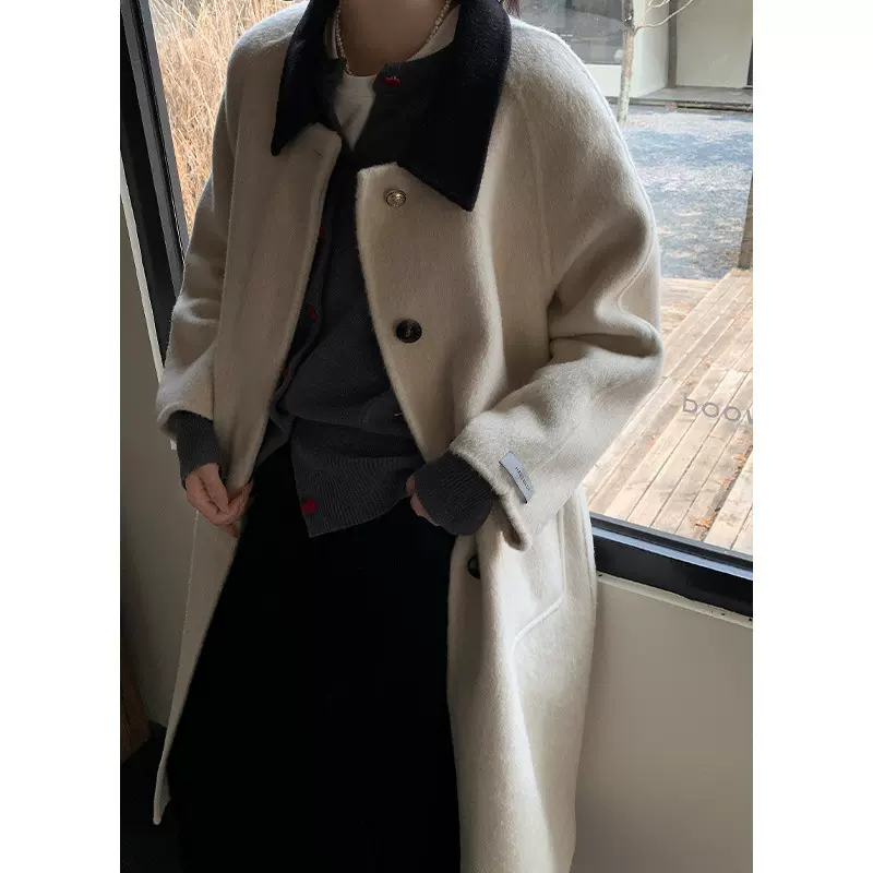 衣尔衫 暖冬 人字纹双面羊毛大衣女 单排扣直筒宽松大衣女中长款