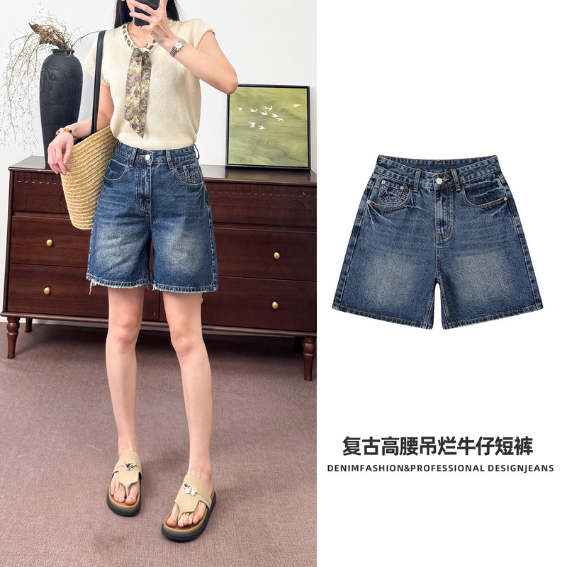 Jiawei Summer Denim Shorts Simple Pony Embroidery Retro Blue Non-Stretch Denim Shorts Petite Jeans Jiawei Summer Denim Shorts Simple Pony Embroidery Retro Blue Non-Stretch Denim Shorts Petite Jeans