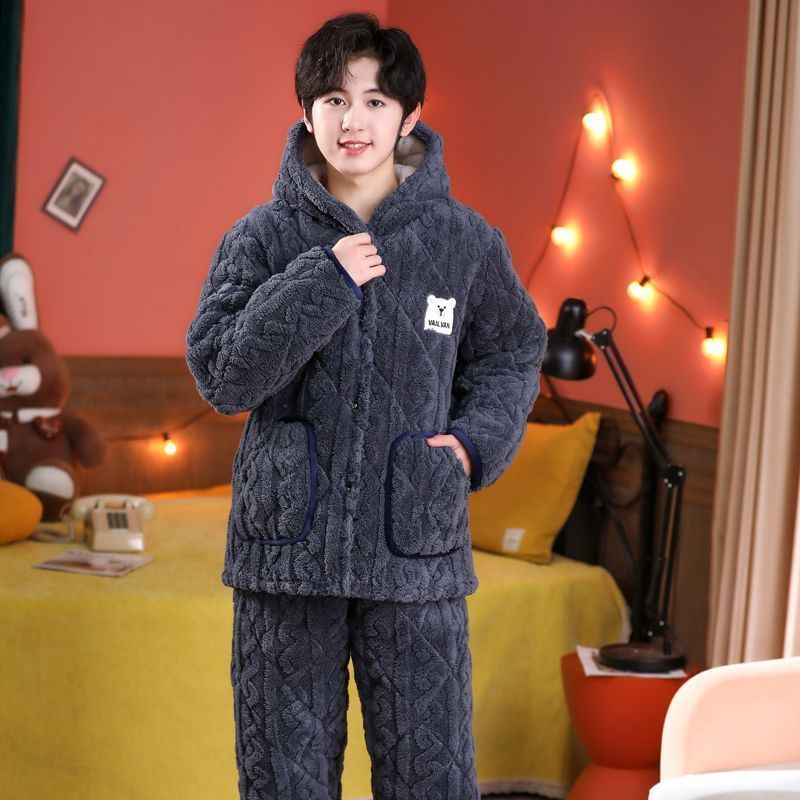 십대 잠옷 소년 겨울 싱글 레이어 면 중학생을위한 두꺼운 산호 양털 홈 옷 세트