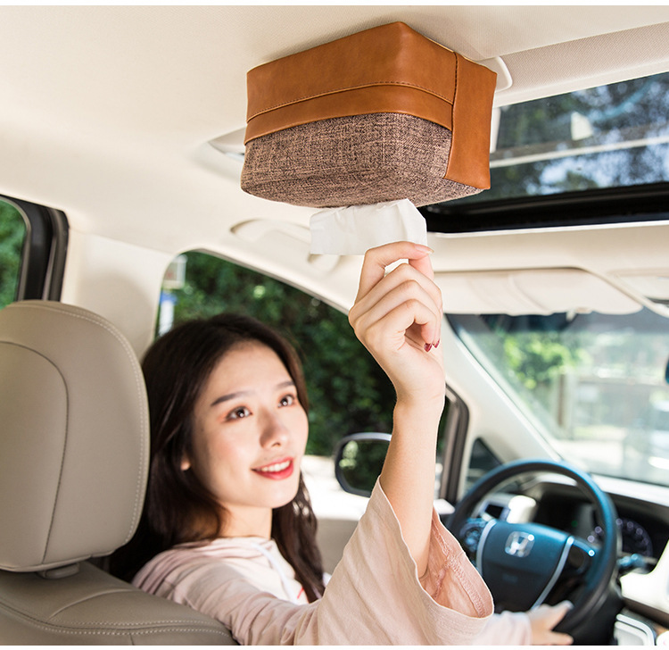 Leather deer car tissue box, sun visor tissue cover, linen creative car sunroof hanging tissue storage bag