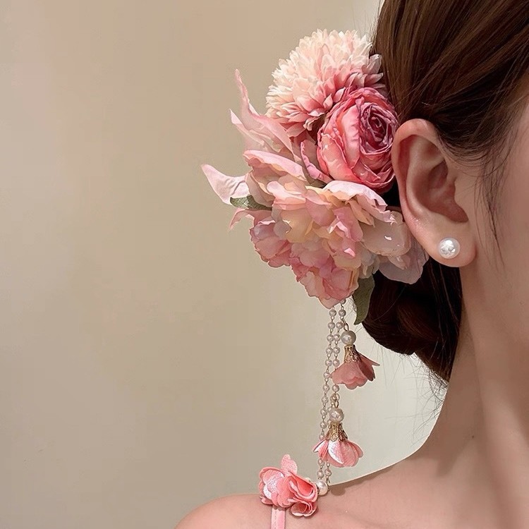 Tenghua Love Super Fairy Pink Tassel Flower Hairpin for Women, Side Clip Hairpin for Qipao, Hair Accessory, Multifunctional Hair Styling Tool