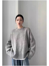 欧货重磅纯羊毛衫女圆领厚宽松慵懒中长款毛衣套头羊绒针织打底衫