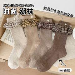 秋冬新款韩系花边女中筒袜时尚清新咖色系饰品双针春秋堆堆袜女