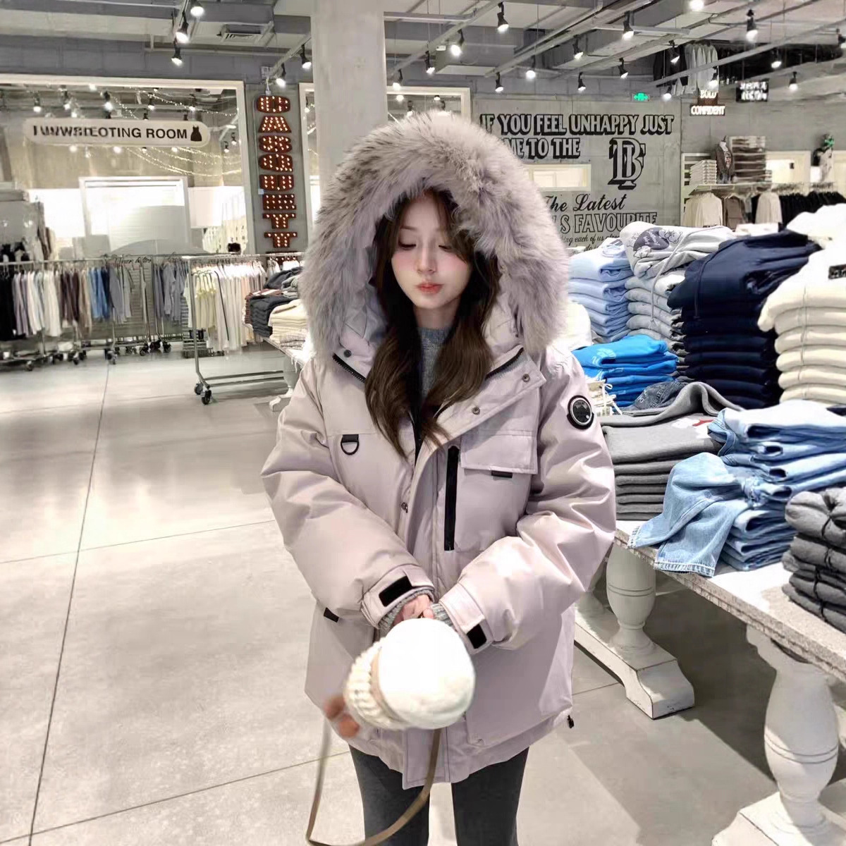 아이스 크리스탈 퍼플 라지 퍼 칼라 워크웨어 다운 재킷 여성용 2026 신상 루즈핏 화이트 덕다운 두꺼운 파카 겨울 코트