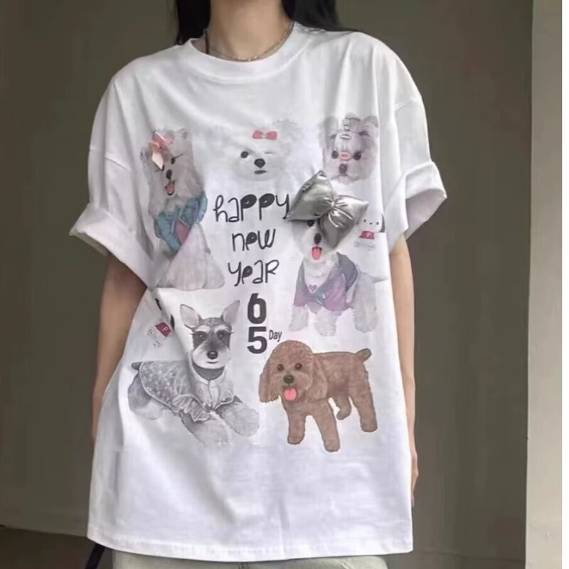 Korean Niche Design Cute Graffiti Animal Print Short-Sleeved T-Shirts for Men and Women Summer Trendyy Ins Couple Tops