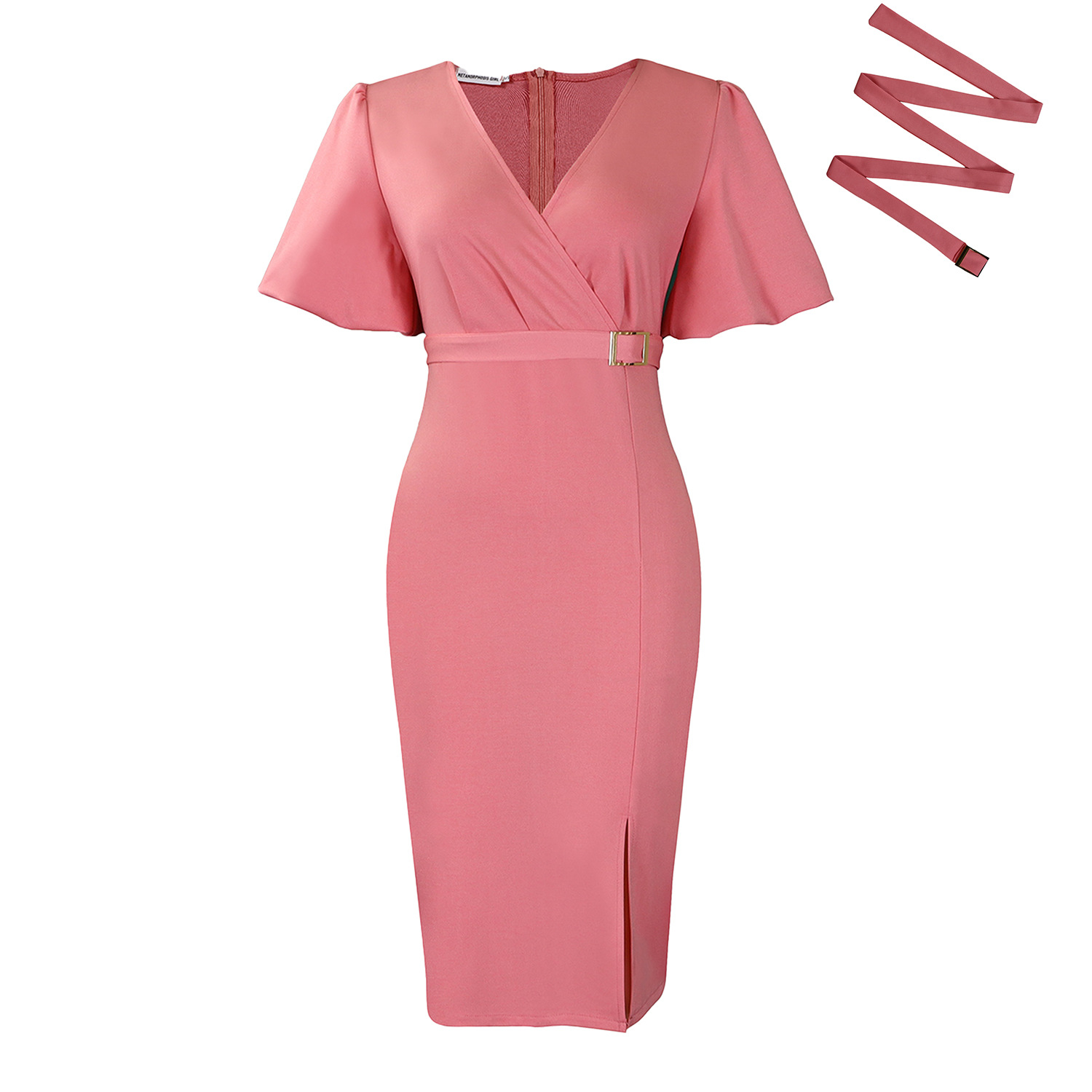 Fashionable Womens Dress V Neck Puff Sleeves Solid Color Bodycon Fit Side Slit Perfect for Parties or Events